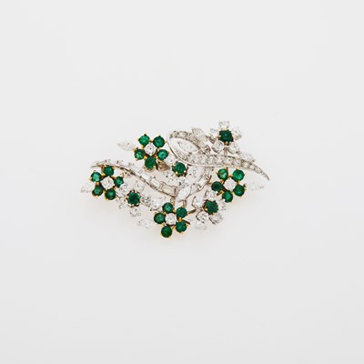 Lot 1144 - Low Karat White Gold, Gold, Emerald and Diamond Brooch