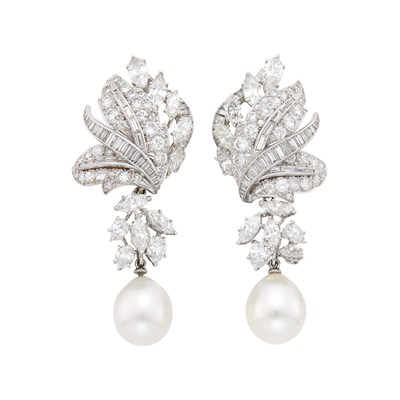 Lot 295 - David Webb Pair of Platinum, Diamond and Cultured Pearl Pendant-Earclips