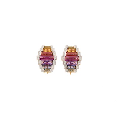 Lot 1055 - Pair of Two-Color Gold and Colored Stone Earclips