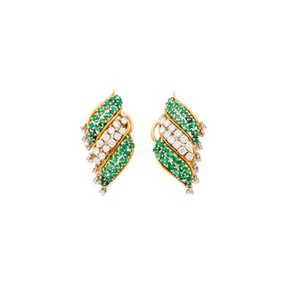 Lot 1219 - Pair of Gold, Platinum, Emerald and Diamond Fringe Earclips