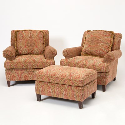 Lot 152 - Pair of Ralph Lauren Upholstered Club Chairs and an Ottoman