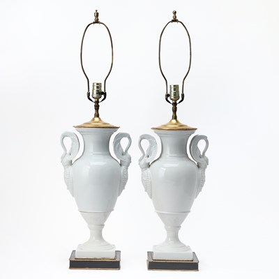 Lot 688 - Pair of Empire Style Glazed Porcelain Two-Handled Urn-Form Vases Mounted as Table Lamps