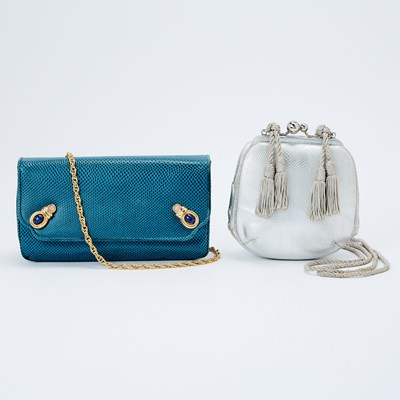Lot 1232 - Judith Leiber Two Silver Leather and Turquoise Lizard Skin Evening Bags