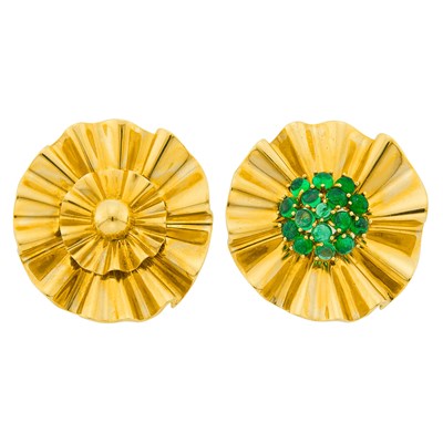 Lot 235 - Trabert & Hoeffer, Mauboussin Pair of Gold and Cabochon Emerald 'Reflection' Clip-Brooches