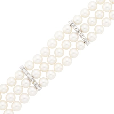 Lot 1140 - Triple Strand Cultured Pearl, White Gold and Diamond Bracelet