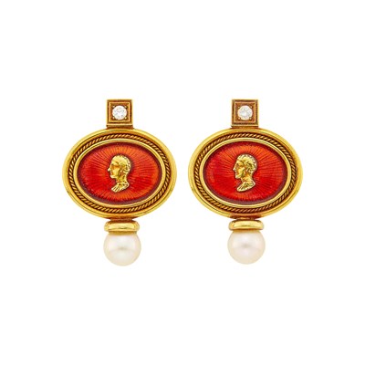 Lot 7 - Elizabeth Gage Pair of Gold, Red Guilloché Enamel, Cultured Pearl and Diamond Earclips