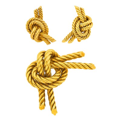 Lot 111 - Hermès Gold Knot Clip-Brooch and Pair of Earclips, France