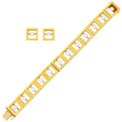 Lot 66 - Gold and Diamond Bracelet and Pair of Earclips