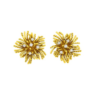 Lot 70 - McTeigue & Co. Pair of Gold and Diamond Flower Earclips