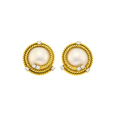 Lot 100 - Tiffany & Co., Schlumberger Pair of Gold, Platinum, Mabé Pearl and Diamond 'Rope' Earclips