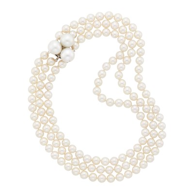 Lot 122 - Triple Strand Cultured Pearl Necklace with White Gold and Semi-Baroque South Sea Cultured Pearl Clasp