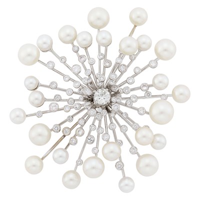 Lot White Gold, Cultured Pearl and Diamond Starburst Brooch