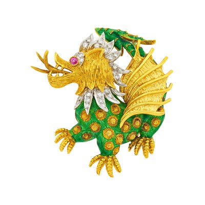 Lot 54 - Two-Color Gold, Green Enamel, Diamond and Ruby Dragon Clip-Brooch