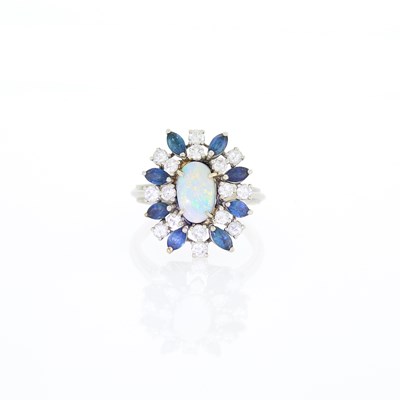 Lot 1136 - White Gold, White Opal, Sapphire and Diamond Ring