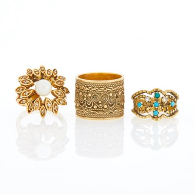 Lot 1248 - Three Gold, Turquoise, Cultured Pearl and Diamond Rings