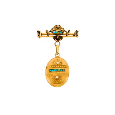Lot 1179 - Etruscan Revival Gold, Turquoise and Pearl Pendant-Brooch Locket