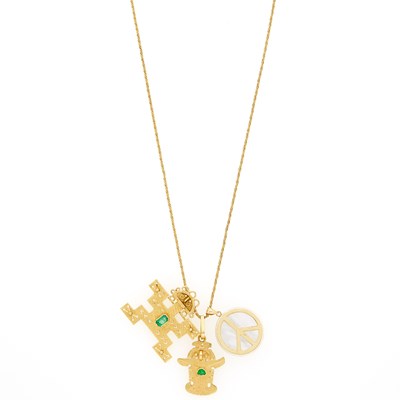 Lot 1255 - Long Gold Chain Necklace with Gold and Emerald Pendant-Brooch, Emerald Pendant and Mother-of-Pearl Pendant