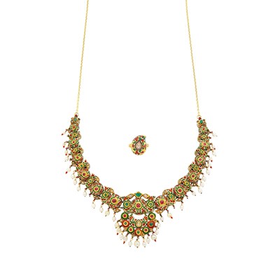 Lot 80 - Indian Gold, Foil-Backed Diamond, Gem-Set, Jaipur Enamel and Freshwater Pearl Necklace with Gold Chain and Ring