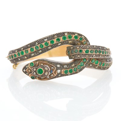 Lot 1207 - Gold, Silver, Emerald and Diamond Serpent Bangle Bracelet