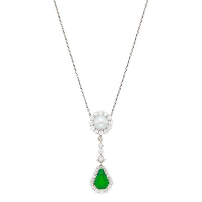 Lot 188 - Platinum, Gold, Natural Pearl, Emerald and Diamond Lavaliere
