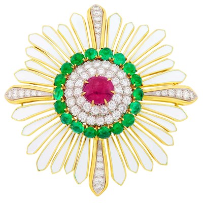 Lot 232 - David Webb Gold, Platinum, White Enamel, Cabochon Ruby and Emerald and Diamond Pendant Clip-Brooch