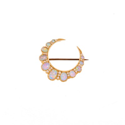 Lot 1182 - Antique Gold, White Opal and Diamond Crescent Brooch