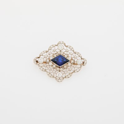 Lot 1165 - Platinum, Synthetic Sapphire and Diamond Brooch