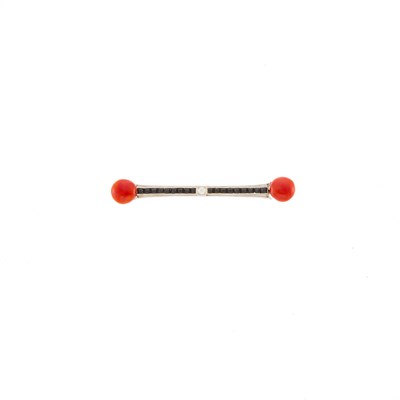Lot 1163 - Platinum, Coral, Black Onyx and Diamond Bar Brooch