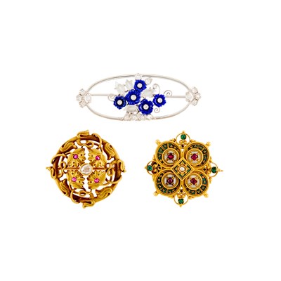 Lot 1200 - Three Antique Gold, Platinum, Gem-Set and Diamond Brooches