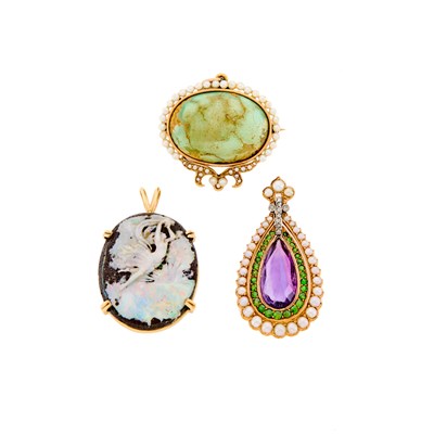 Lot 1192 - Three Antique Gold, Gem-Set and Pearl Pendants