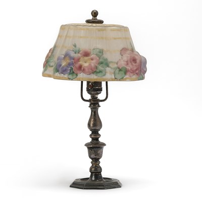 Lot 129 - Pairpoint Mfg. Co. Silvered Metal and Reverse Painted Glass "Puffy" Boudoir Table Lamp