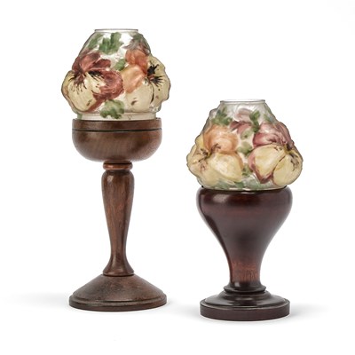 Lot 130 - Two Pairpoint Mfg. Co. Wood and Reverse Painted Glass "Puffy" Candle Lamps