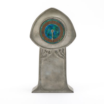 Lot 135 - Liberty & Co. Art Nouveau Tudric Pewter, Copper and Enamel Mantel Clock