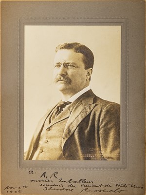 Lot 255 - An unusual Roosevelt inscription in French, signed during his first term