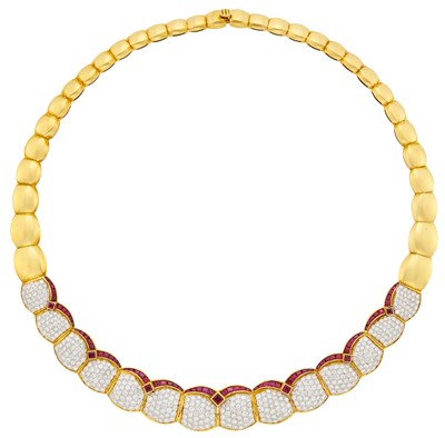 Lot 1176 - Two-Color Gold, Ruby and Diamond Necklace