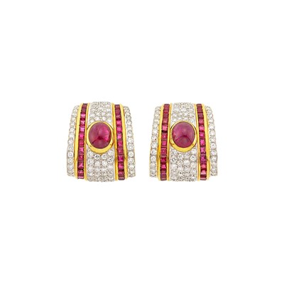 Lot 93 - Pair of Two-Color Gold, Ruby and Diamond Earclips