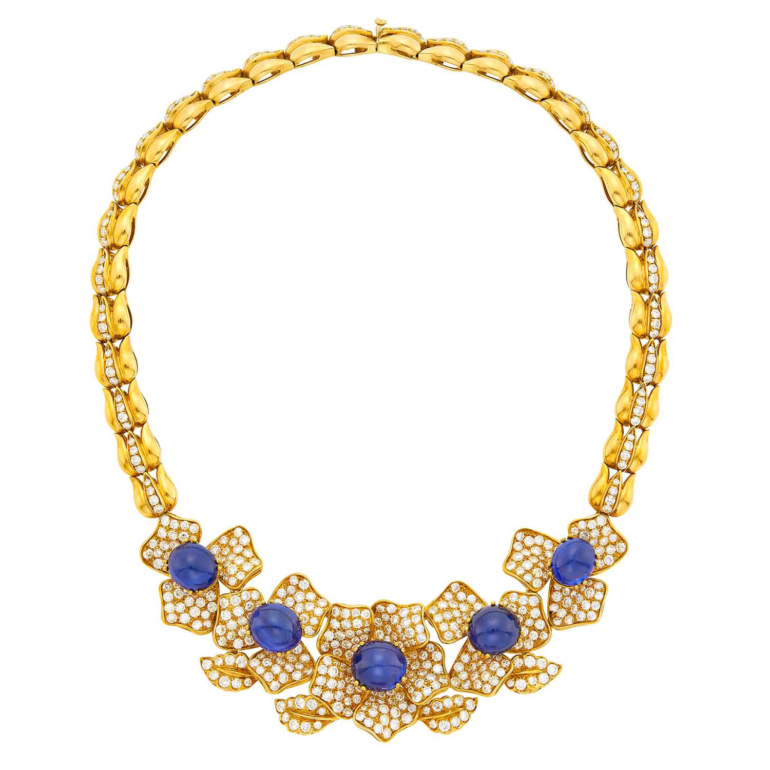 Lot 252 - Gold, Cabochon Sapphire and Diamond Flower Necklace