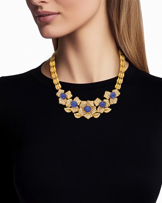 Lot 252 - Gold, Cabochon Sapphire and Diamond Flower Necklace