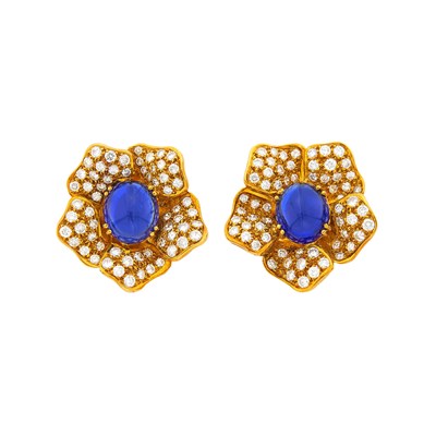 Lot 253 - Pair of Gold, Cabochon Sapphire and Diamond Flower Earclips