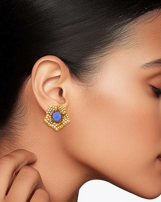 Lot 253 - Pair of Gold, Cabochon Sapphire and Diamond Flower Earclips