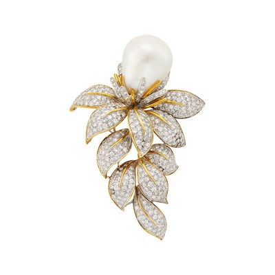 Lot 168 - Two-Color Gold, South Sea Cultured Pearl and Diamond Brooch