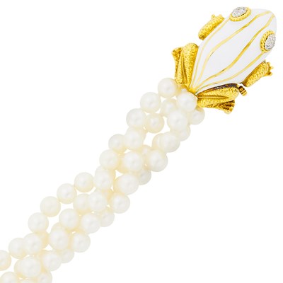 Lot 93 - David Webb Four Strand Cultured Pearl Torsade Bracelet with Gold, Platinum, White Enamel and Diamond Frog Clasp