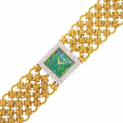 Lot 59 - Bueche Girod Two-Color Gold, Black Opal and Diamond Braided Knot Link Wristwatch, Ref. 9828
