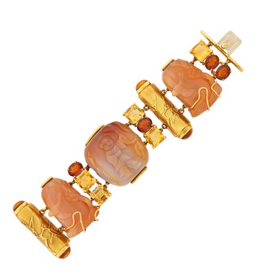 Lot 163 - Seaman Schepps Gold, Carved Carnelian and Multicolored Citrine 'Snuff Bottle' Link Bracelet