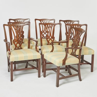 Lot 155 - Eight Chippendale Style Upholstered Mahogany Dining Chairs
