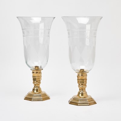 Lot 147 - Pair of Brass Mounted Etched Hurricane Lamps