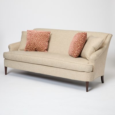 Lot 256 - Contemporary Upholstered Mahogany Sofa with Four Pillows