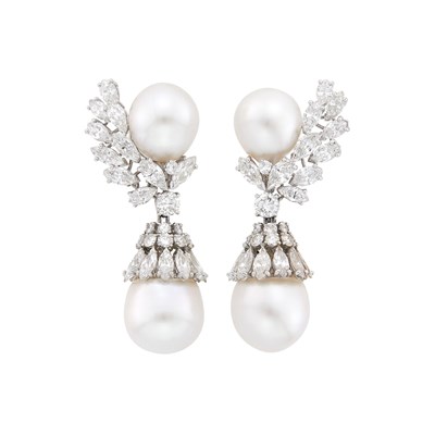 Lot 293 - Pair of Platinum, South Sea Cultured Pearl and Diamond Pendant-Earclips