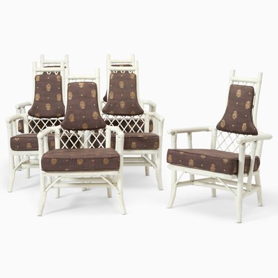 Lot 332 - Set of Six Henry Olko for Willow & Reed White Painted Bamboo Dining Armchairs