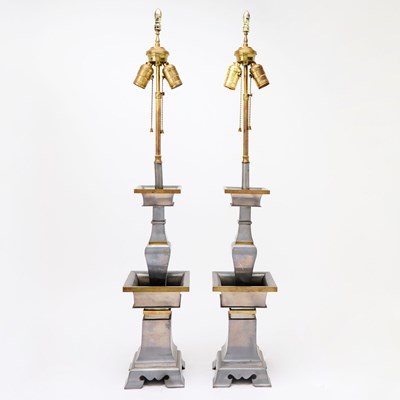 Lot 158 - Pair of Chinese Style Pewter and Brass Lamps